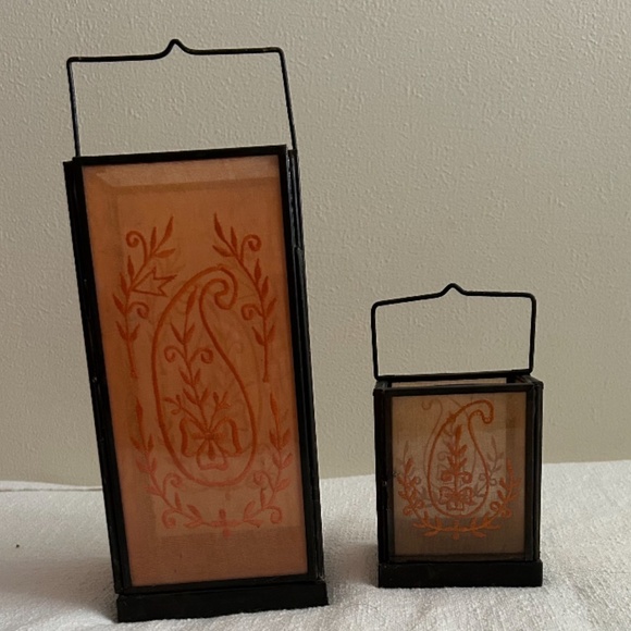 2 x Metal Glass Lantern Candle Holder Orange Embroidery boho dining decor fall - Picture 4 of 6